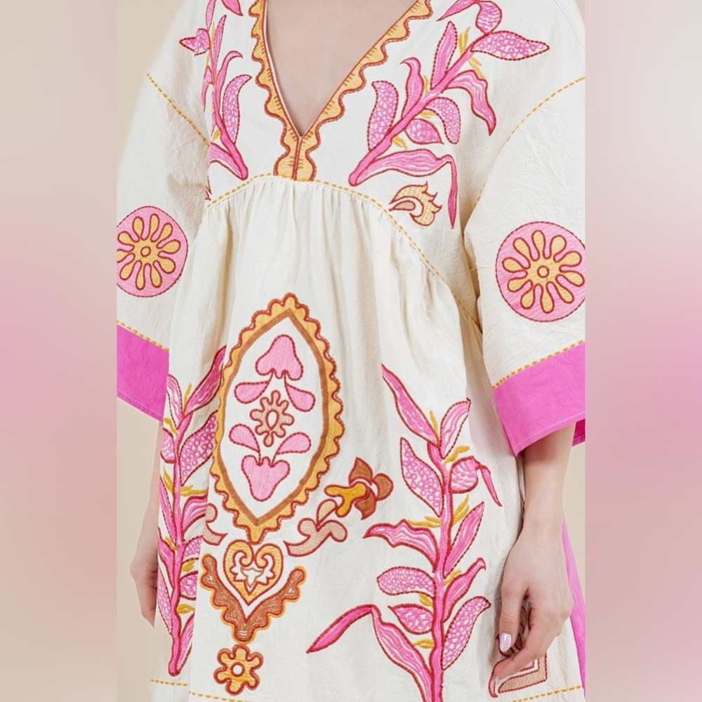 Neon Pink Long Sleeve V Neck Floral boho bohemian Embroidered Dress - Picture 11 of 13